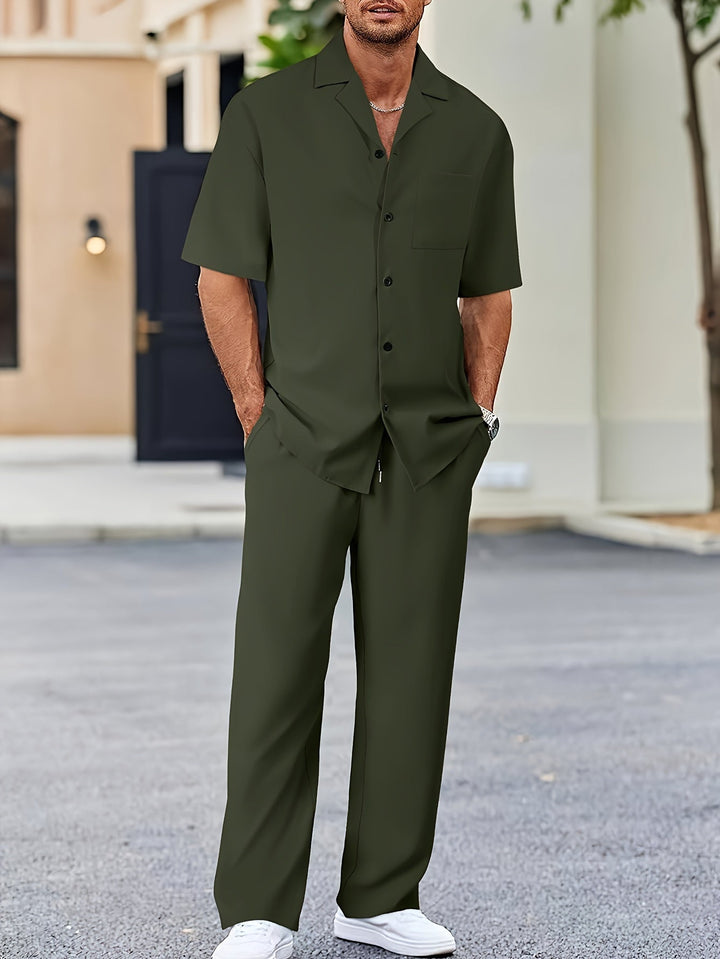 Men’s Two-Piece Resort Set | Short Sleeve Button Shirt & Pants | Lightweight Casual Co-ord