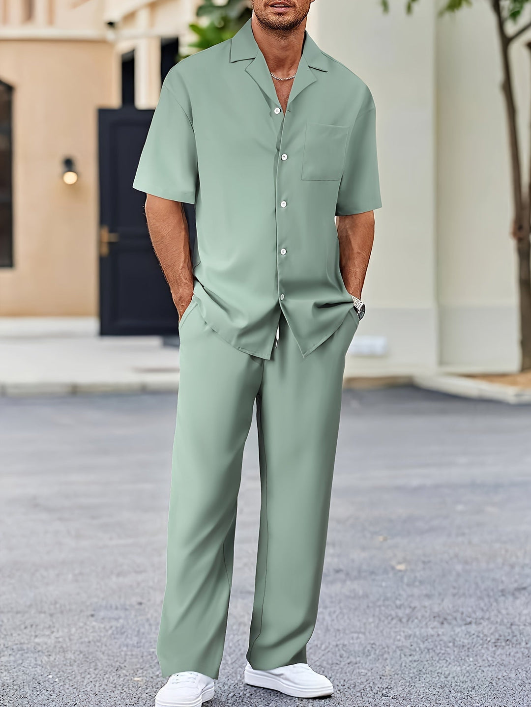 Men’s Two-Piece Resort Set | Short Sleeve Button Shirt & Pants | Lightweight Casual Co-ord