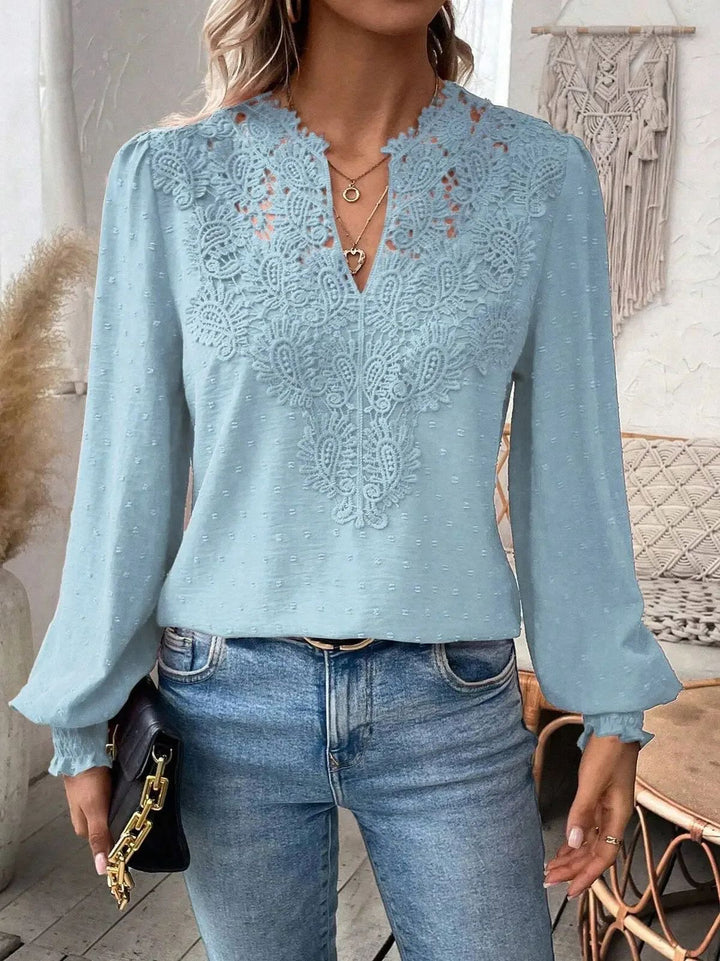 Lace Solid Color Long Sleeve Casual Women's Top