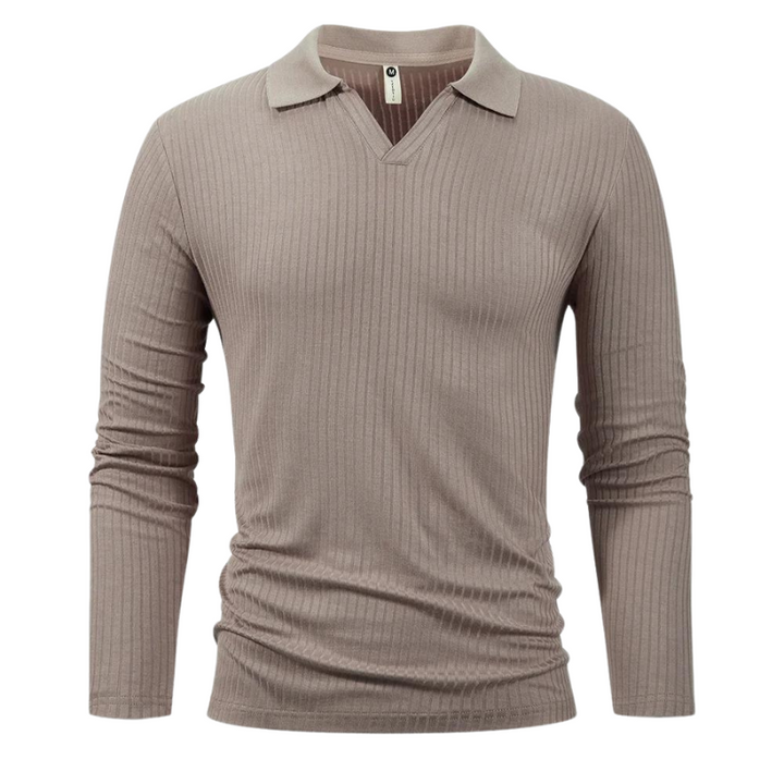 Men's Ribbed Long Sleeve Polo | Lightweight Knit Top | Slim Fit Collar Style