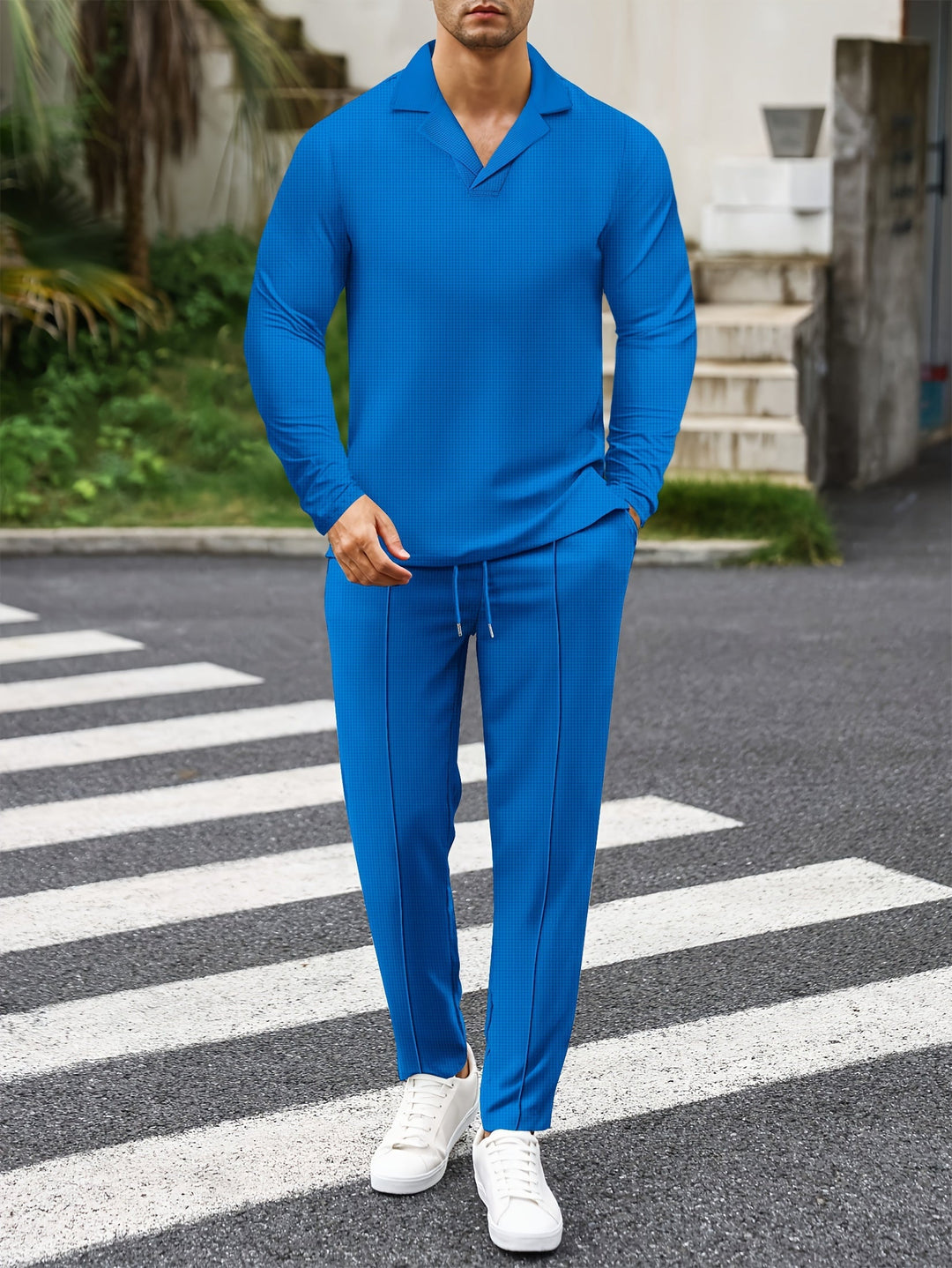 Men's Waffle Knit Lounge Set | V-Neck Pullover & Joggers | Lightweight Casual Wear