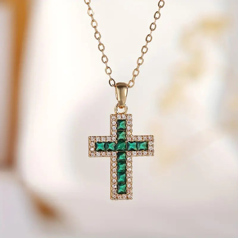 Solene Gold Necklace with Cross and Emerald Pendant