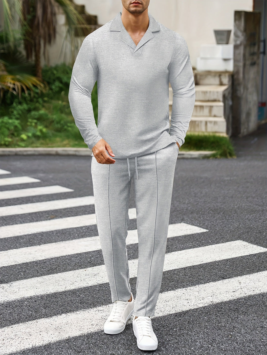 Men's Waffle Knit Lounge Set | V-Neck Pullover & Joggers | Lightweight Casual Wear