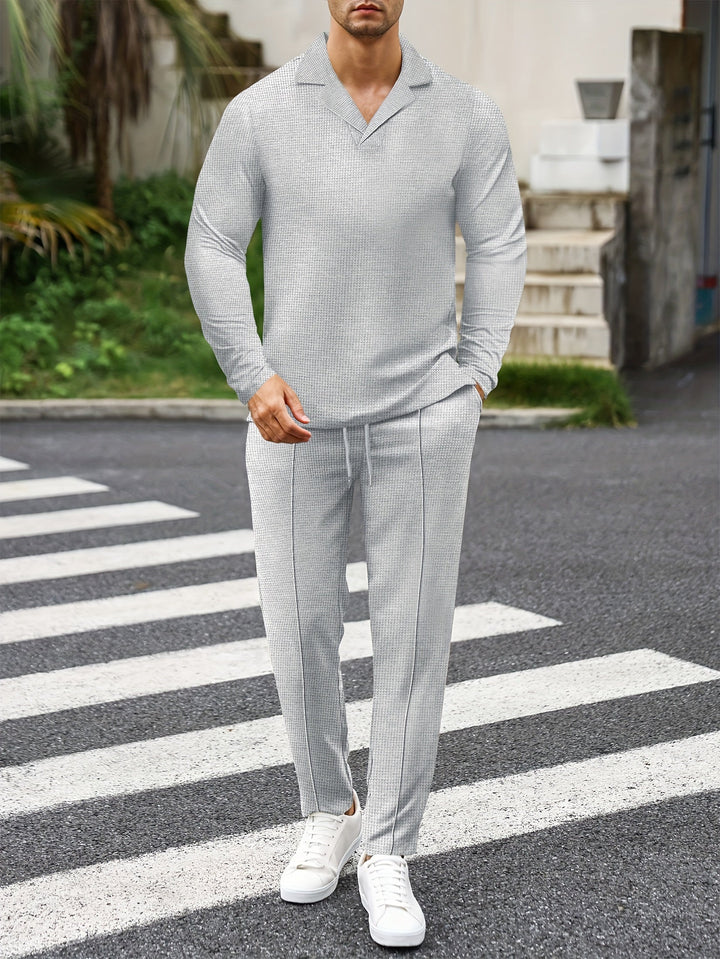 Men's Waffle Knit Lounge Set | V-Neck Pullover & Joggers | Lightweight Casual Wear