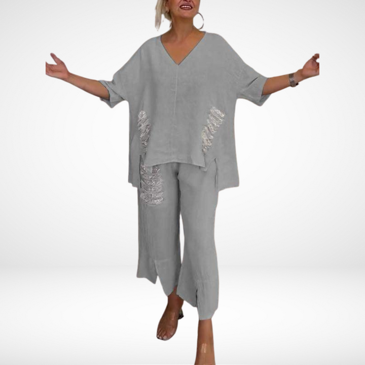 Briella™ Elegant Two-Piece Summer Set | V-Neck Top and Wide-Leg Pants