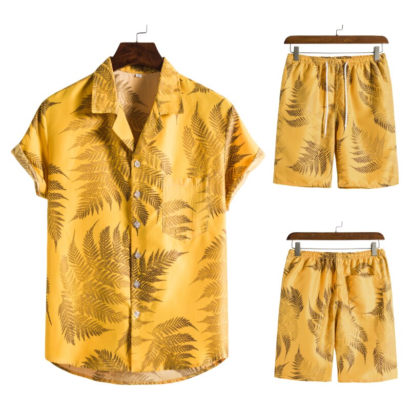 Men’s Tropical Leaf Print Two-Piece Set | Short-Sleeve Shirt & Shorts | Summer Casual Outfit