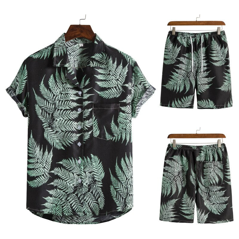 Men’s Tropical Leaf Print Two-Piece Set | Short-Sleeve Shirt & Shorts | Summer Casual Outfit
