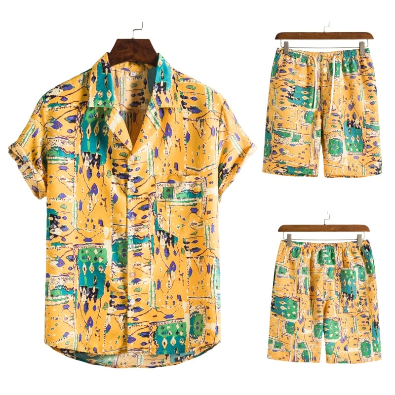 Men’s Tropical Leaf Print Two-Piece Set | Short-Sleeve Shirt & Shorts | Summer Casual Outfit