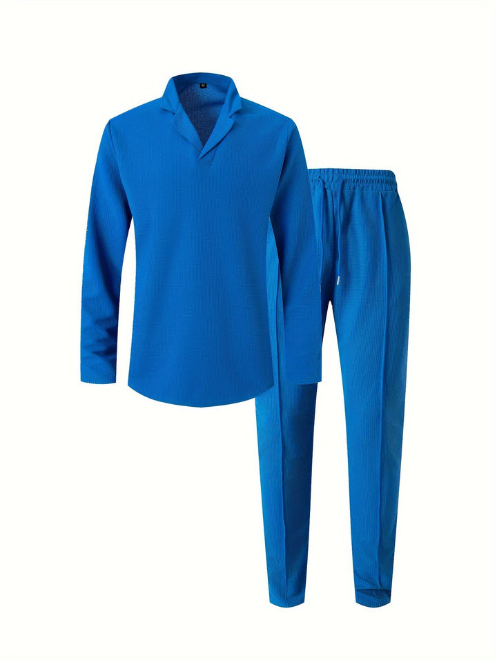 Men's Waffle Knit Lounge Set | V-Neck Pullover & Joggers | Lightweight Casual Wear