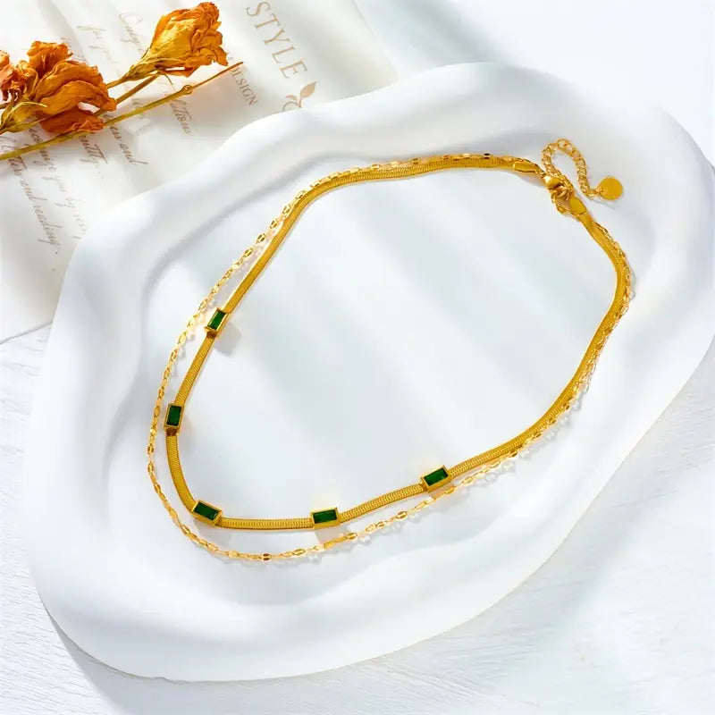 Sorella Double-Strand Retro Gold Necklace with Gemstone