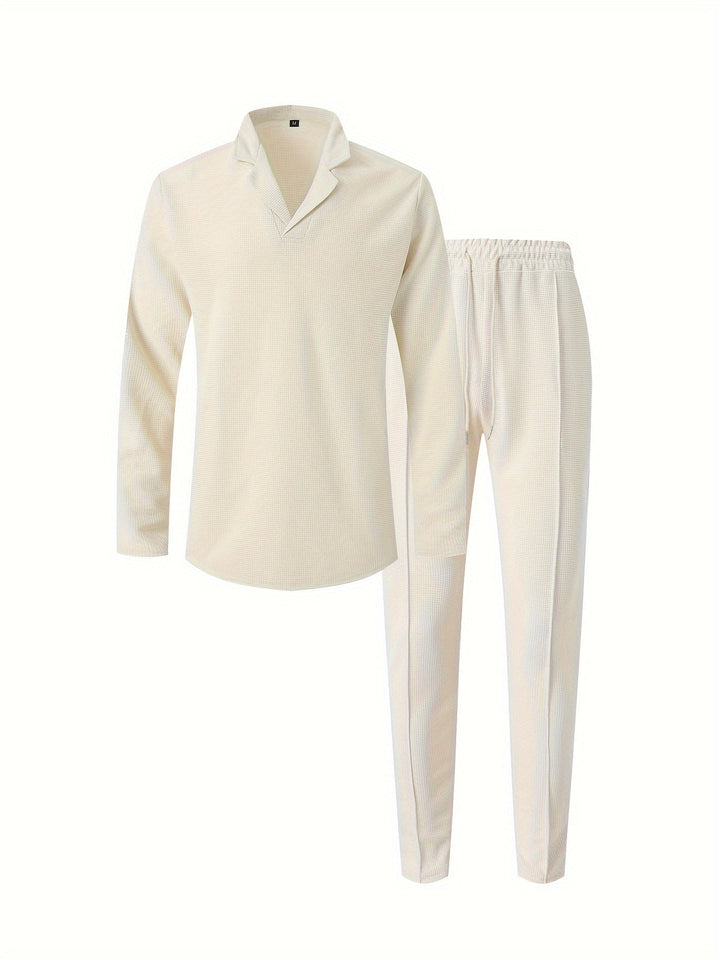 Men's Waffle Knit Lounge Set | V-Neck Pullover & Joggers | Lightweight Casual Wear