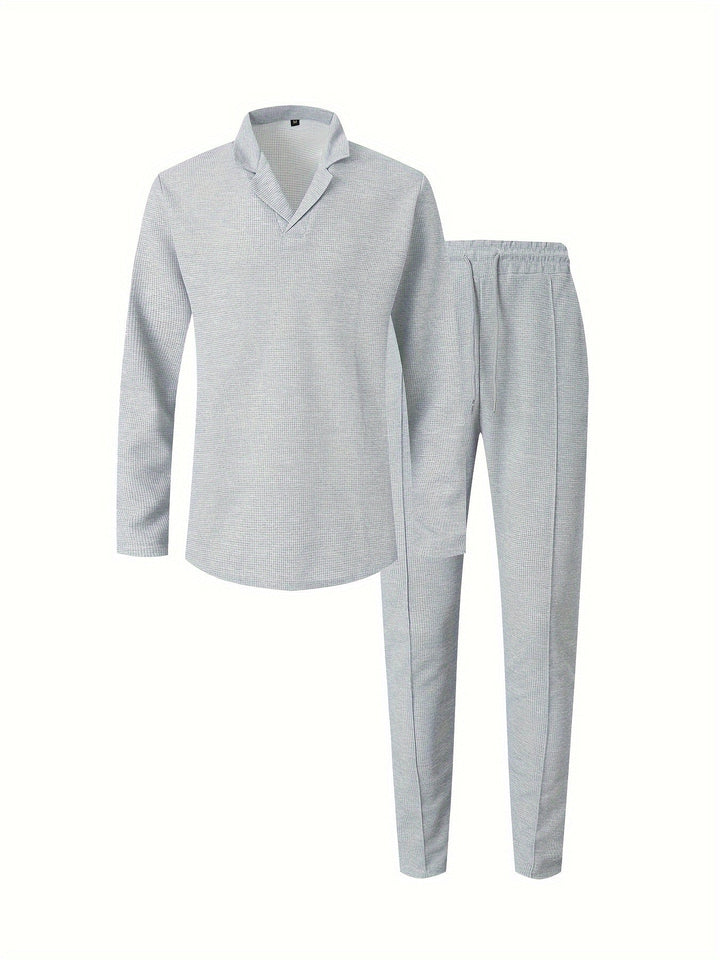 Men's Waffle Knit Lounge Set | V-Neck Pullover & Joggers | Lightweight Casual Wear