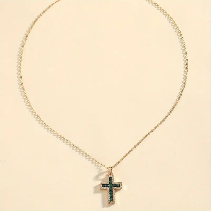 Solene Gold Necklace with Cross and Emerald Pendant