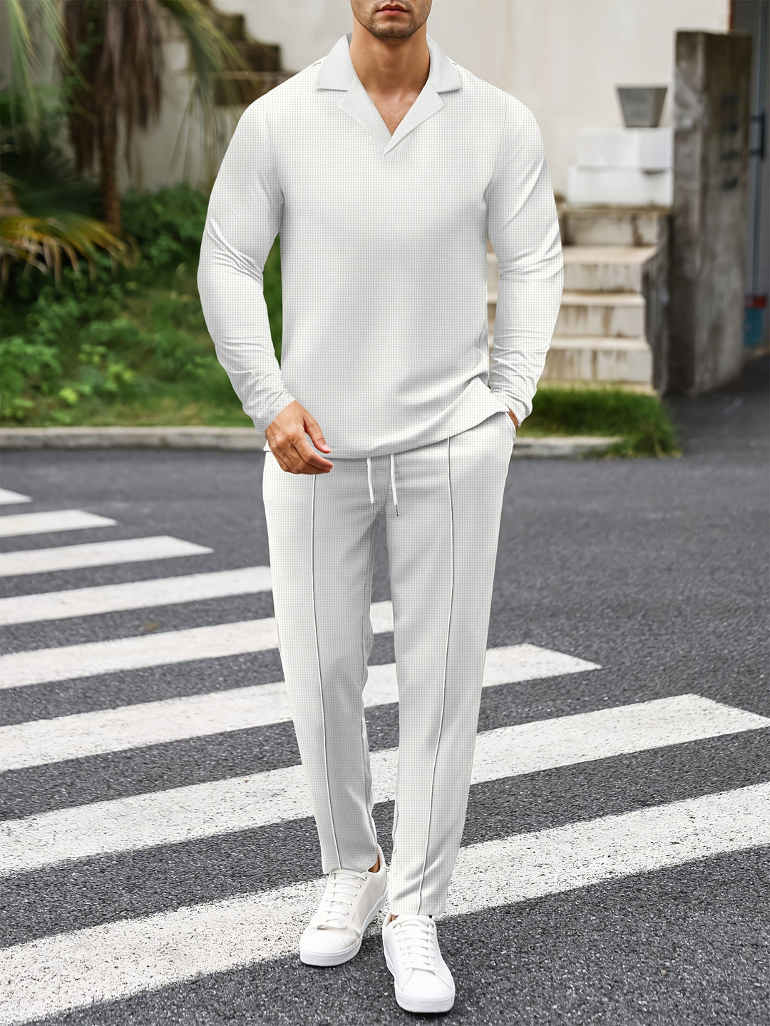 Men's Waffle Knit Lounge Set | V-Neck Pullover & Joggers | Lightweight Casual Wear