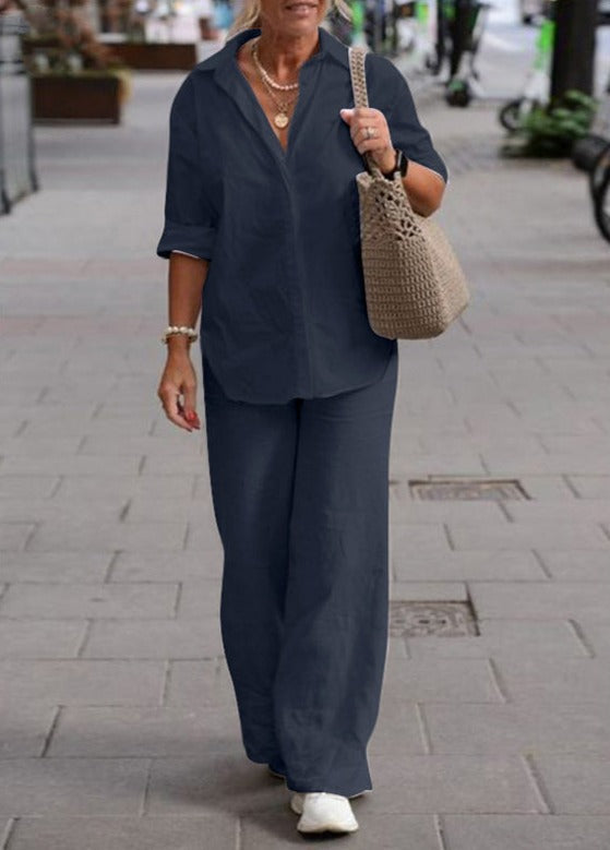 Denice™ Elegant Casual Two Piece Set | Relaxed Button-Up Top and Wide-Leg Trousers