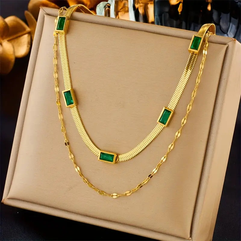 Sorella Double-Strand Retro Gold Necklace with Gemstone