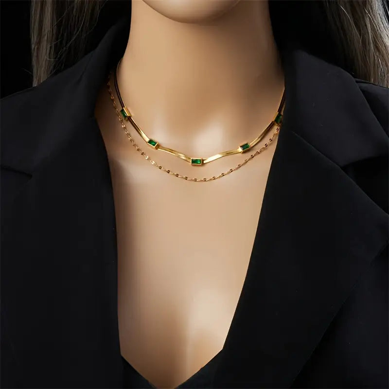Sorella Double-Strand Retro Gold Necklace with Gemstone
